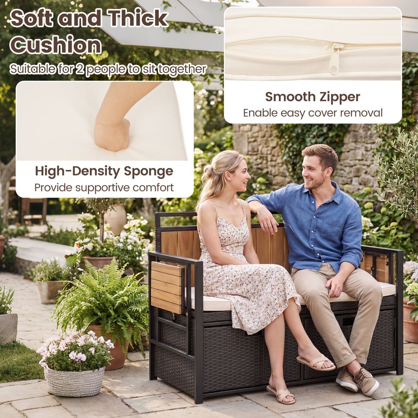 Outdoor Storage Bench with 2 Side Tables and Cushioned Seat