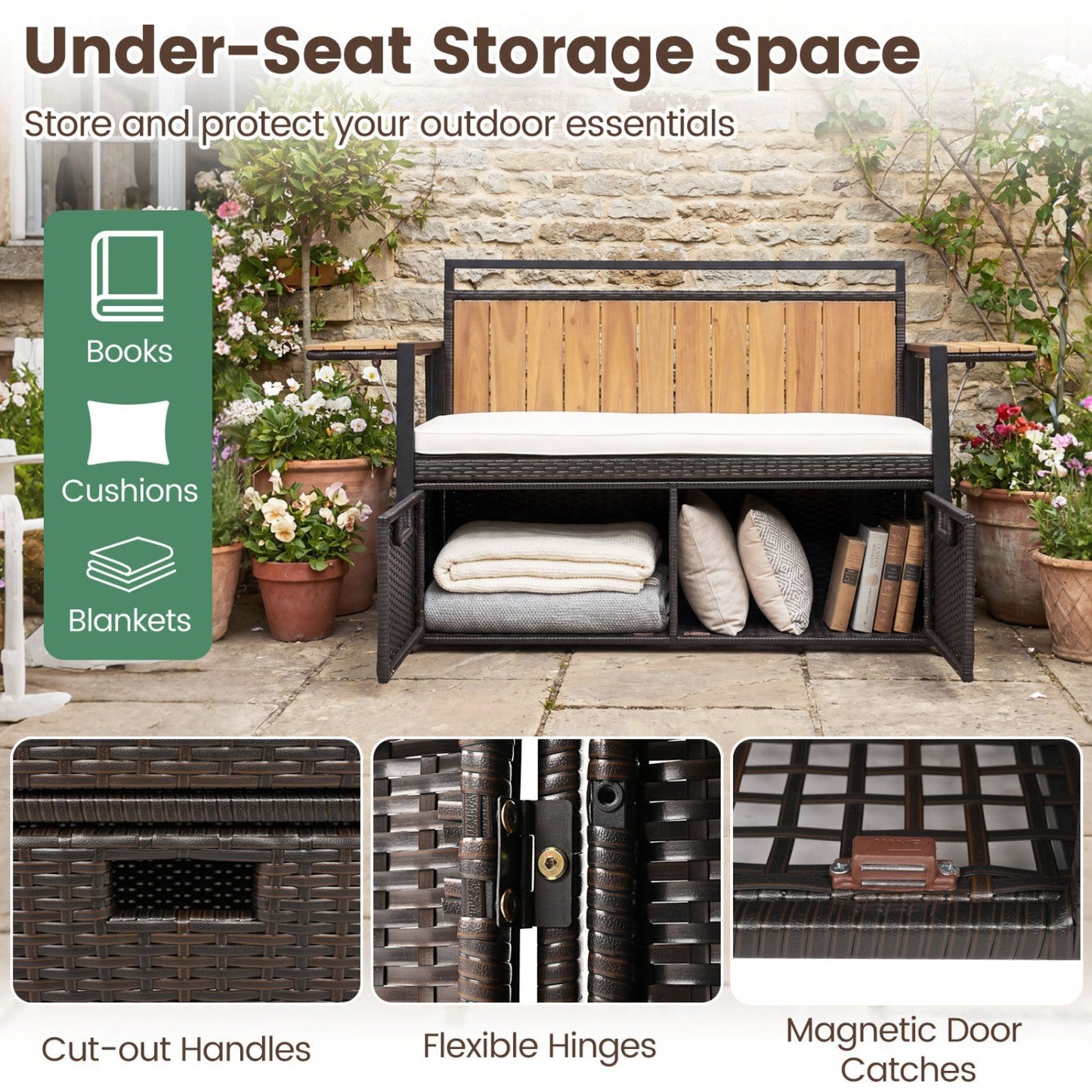 Outdoor Storage Bench with 2 Side Tables and Cushioned Seat