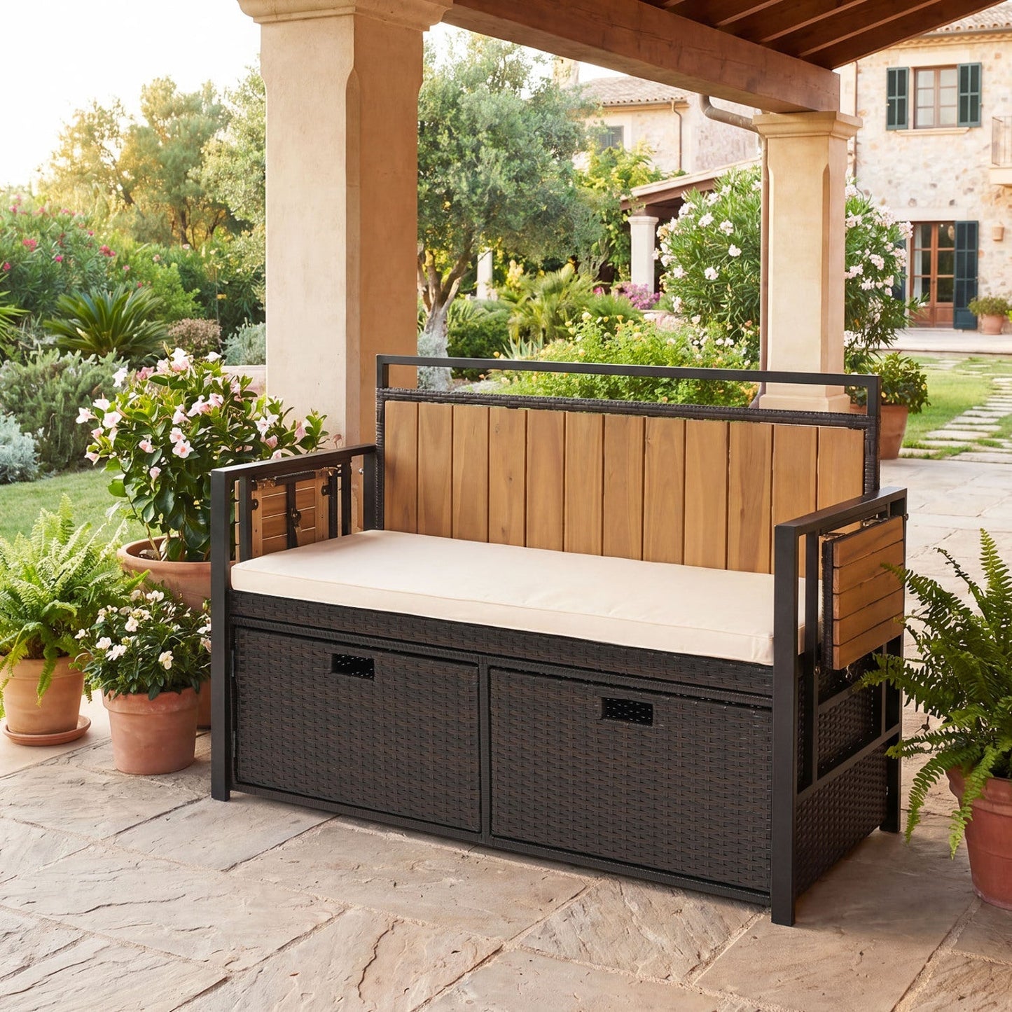 Outdoor Storage Bench with 2 Side Tables and Cushioned Seat