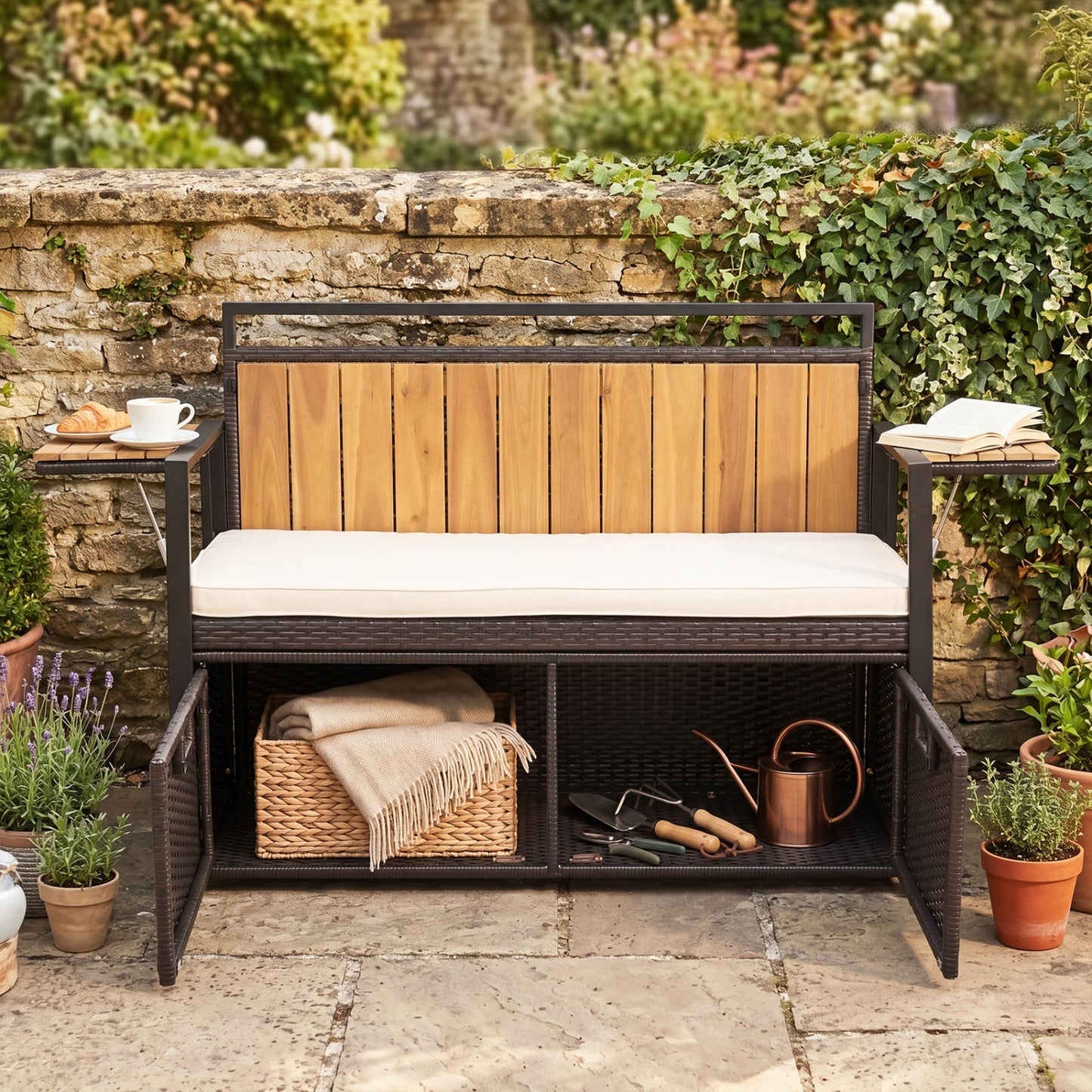 Outdoor Storage Bench with 2 Side Tables and Cushioned Seat