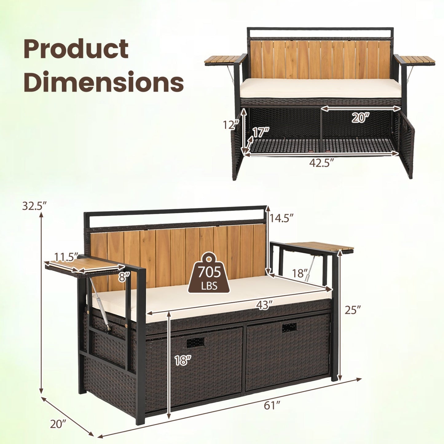 Outdoor Storage Bench with 2 Side Tables and Cushioned Seat