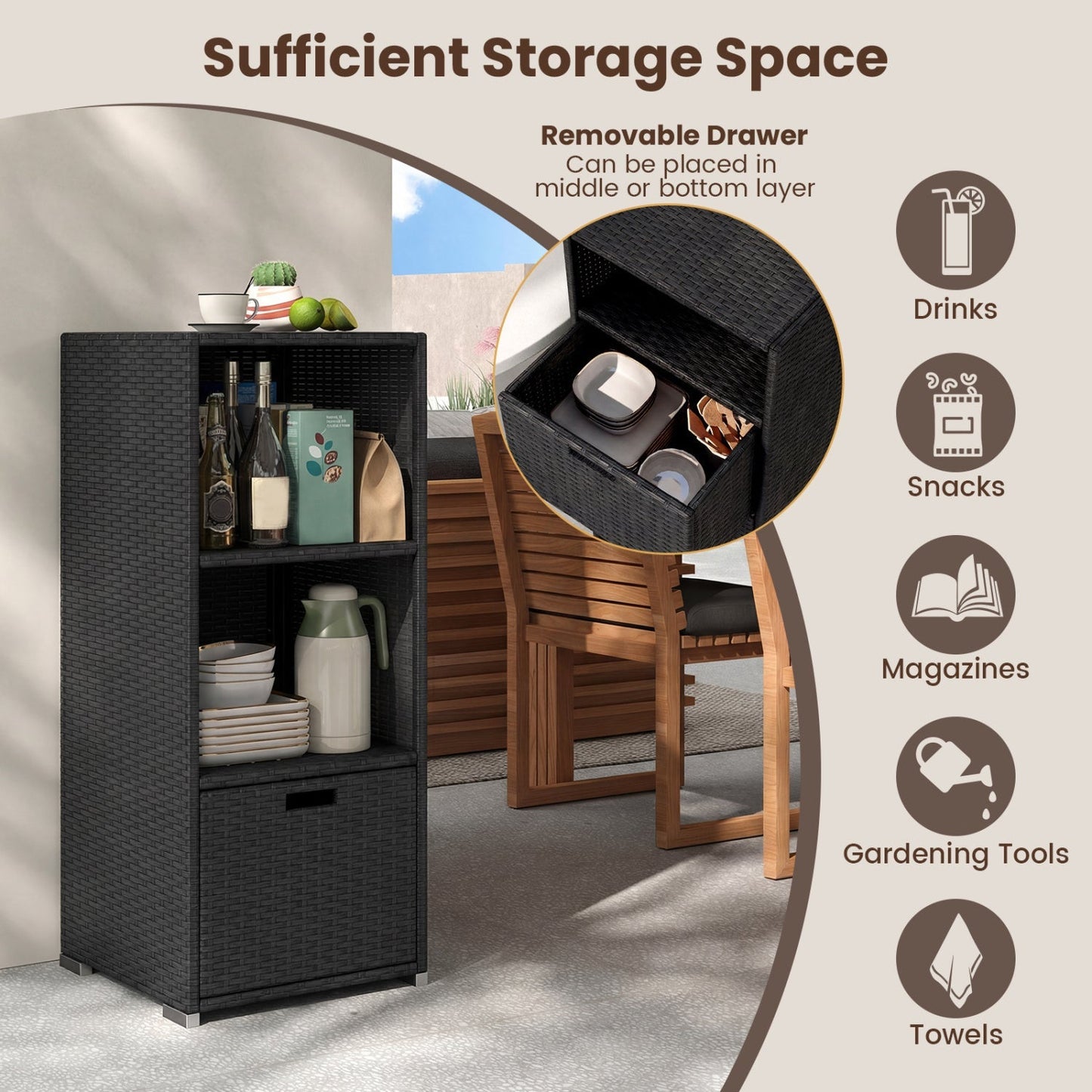 Outdoor Storage Cabinet Patio Wicker Organizer with Drawer