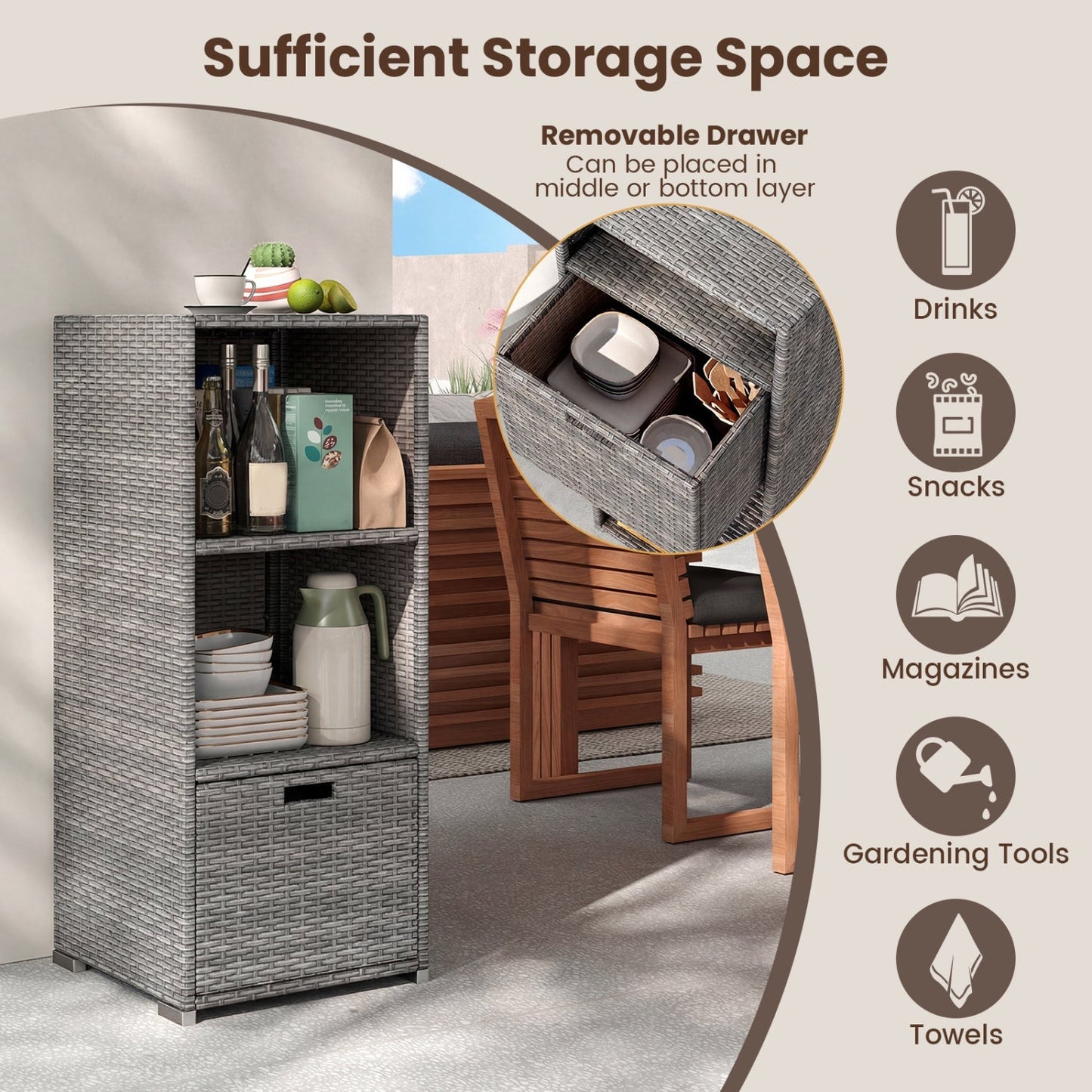 Outdoor Storage Cabinet Patio Wicker Organizer with Drawer
