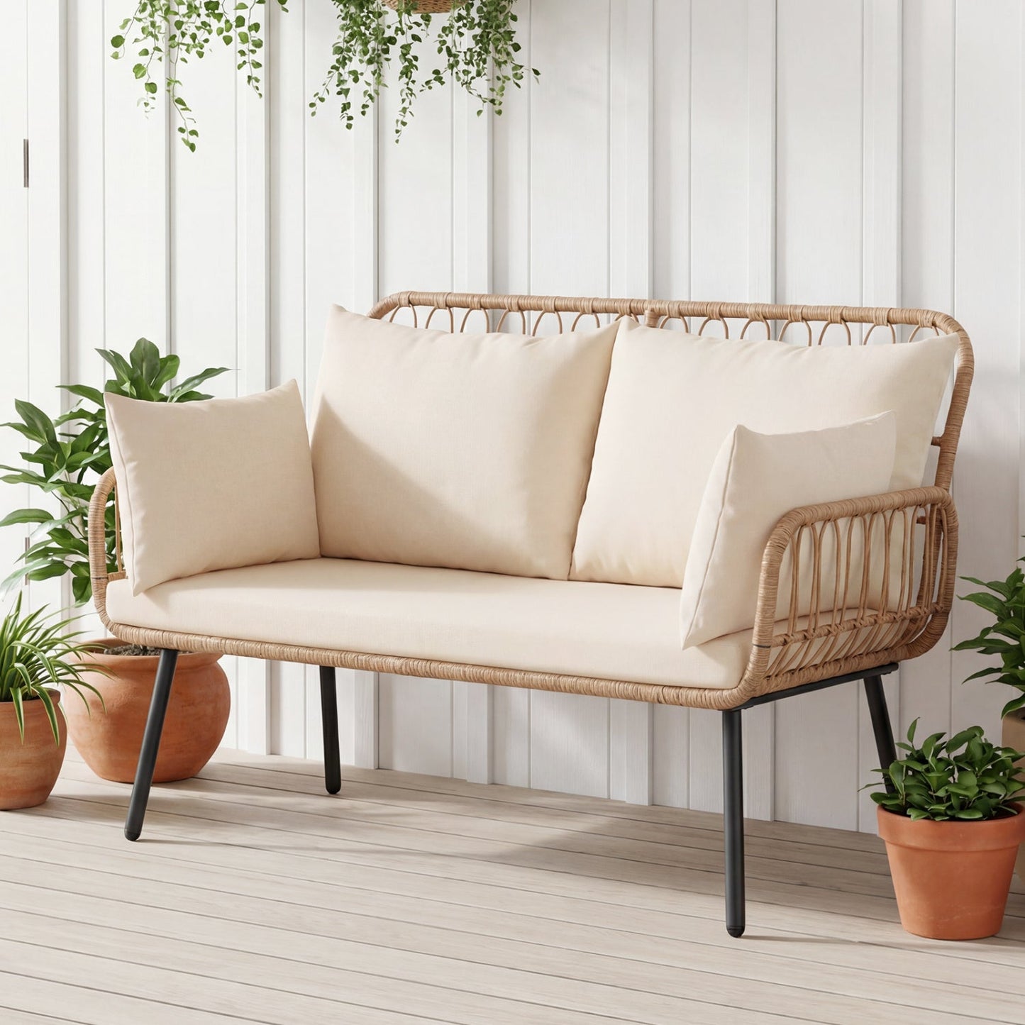 Outdoor Loveseat 2-Seater Wicker Sofa with Cushions - Beige