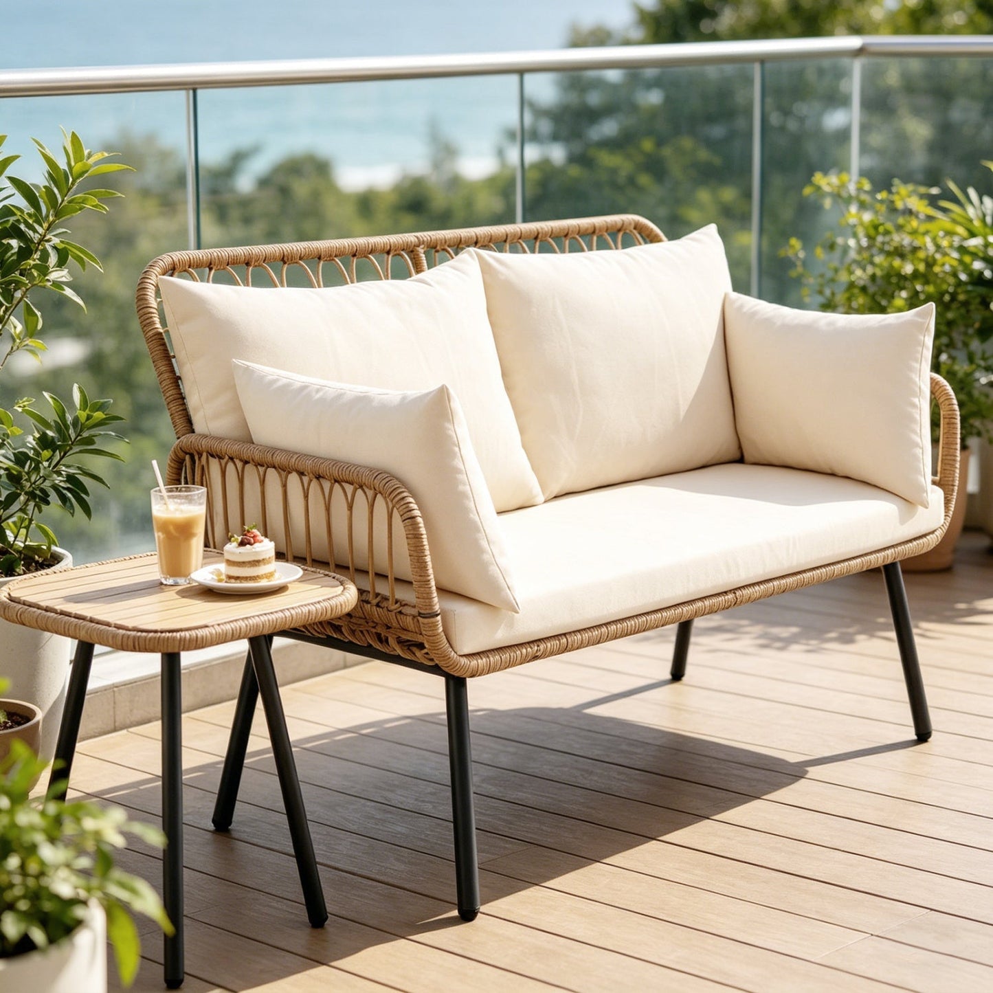 Outdoor Loveseat 2-Seater Wicker Sofa with Cushions - Beige