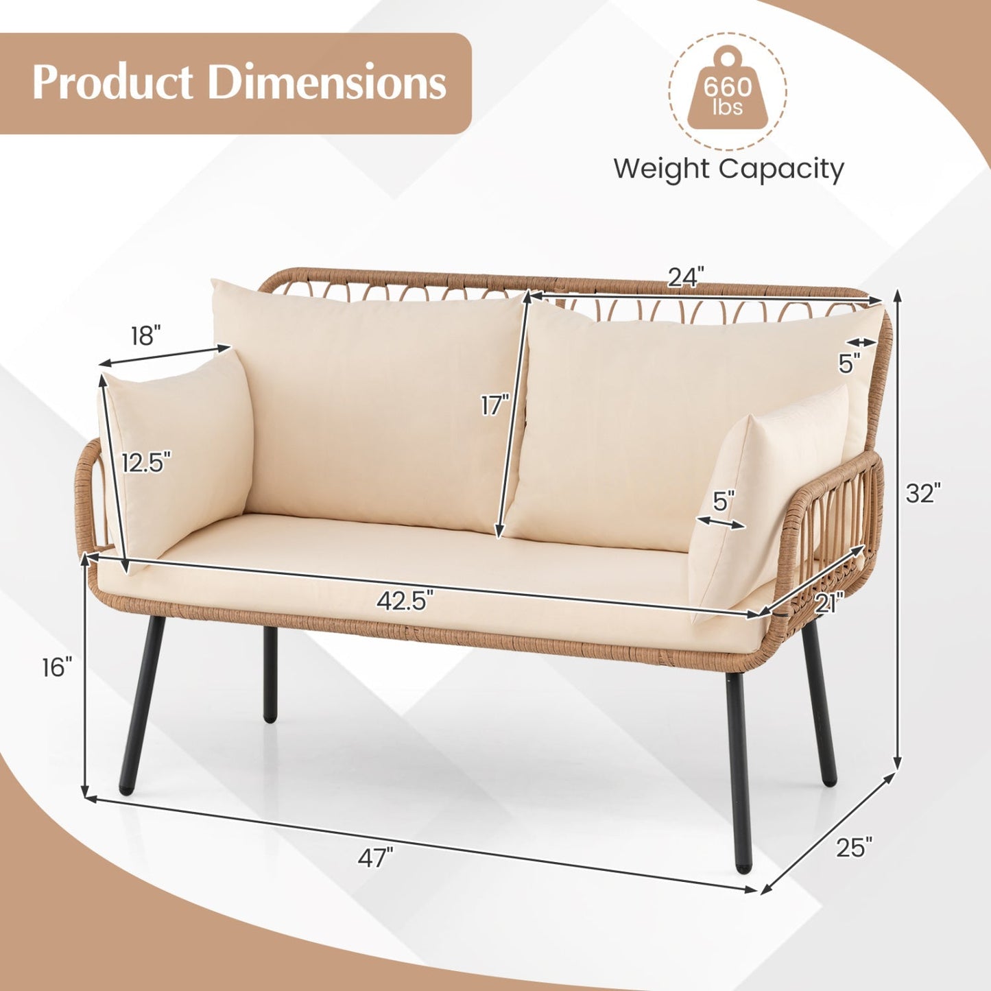 Outdoor Loveseat 2-Seater Wicker Sofa with Cushions - Beige