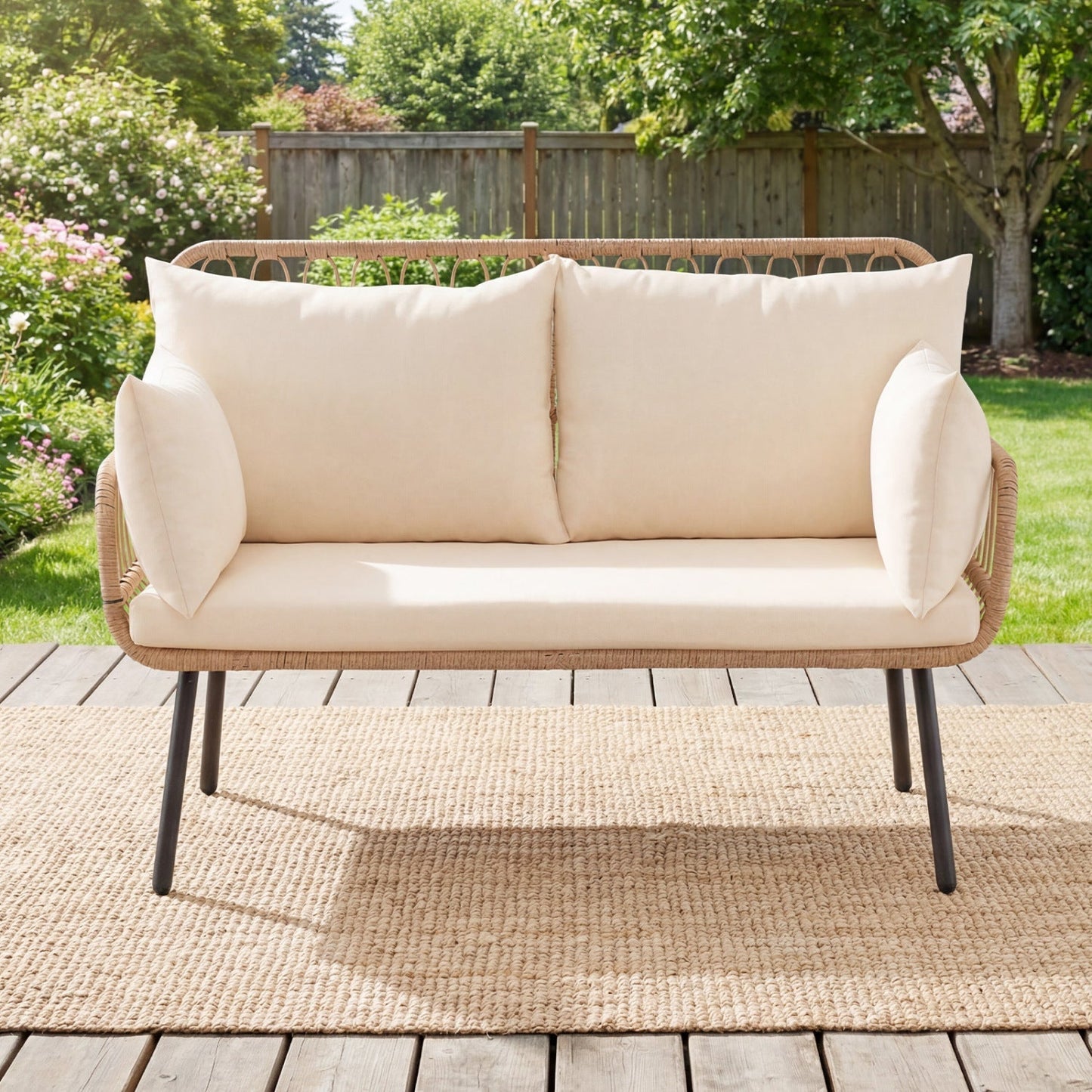 Outdoor Loveseat 2-Seater Wicker Sofa with Cushions - Beige