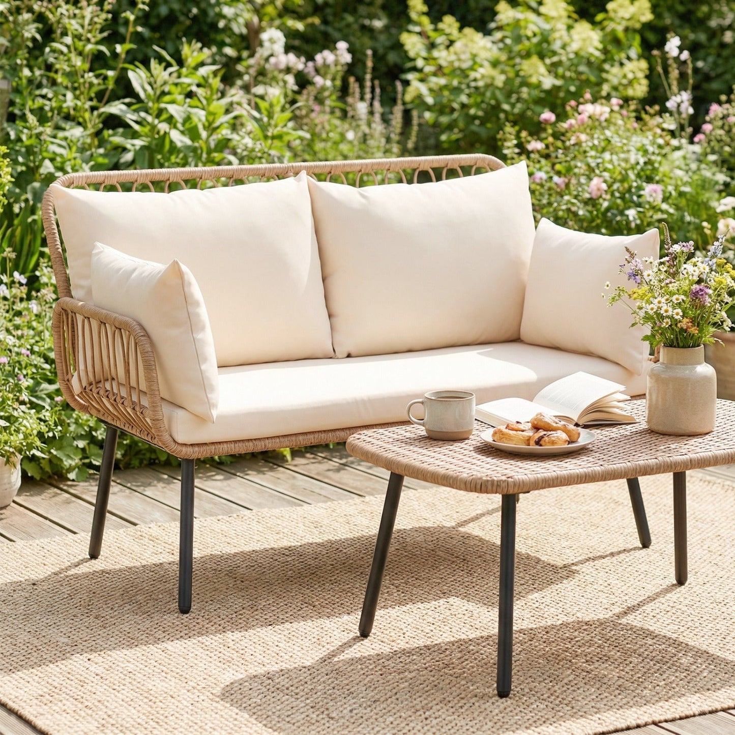 Outdoor Loveseat 2-Seater Wicker Sofa with Cushions - Beige