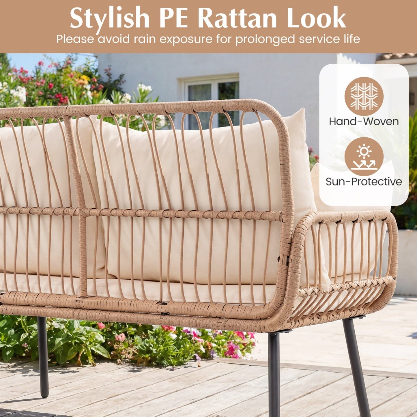 Outdoor Loveseat 2-Seater Wicker Sofa with Cushions - Beige