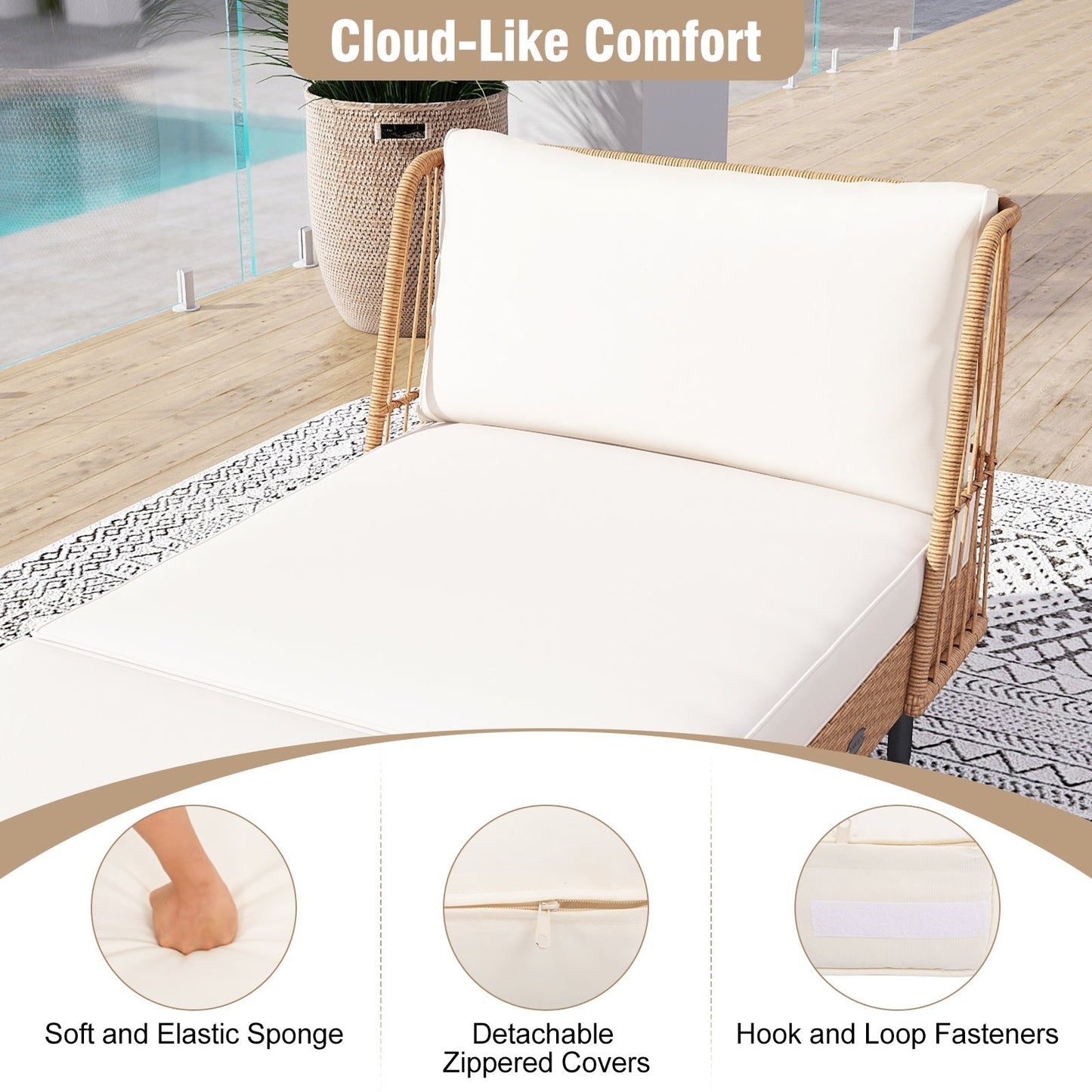 Patio Wicker Daybed Outdoor Boho Rattan Loveseat Sofa with Seat and Back Cushions-White