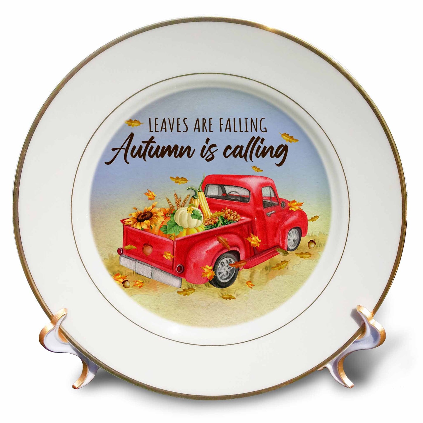 3dRose Leaves are Falling Autumn is Calling Red Truck Harvest - Plates (cp-369641)