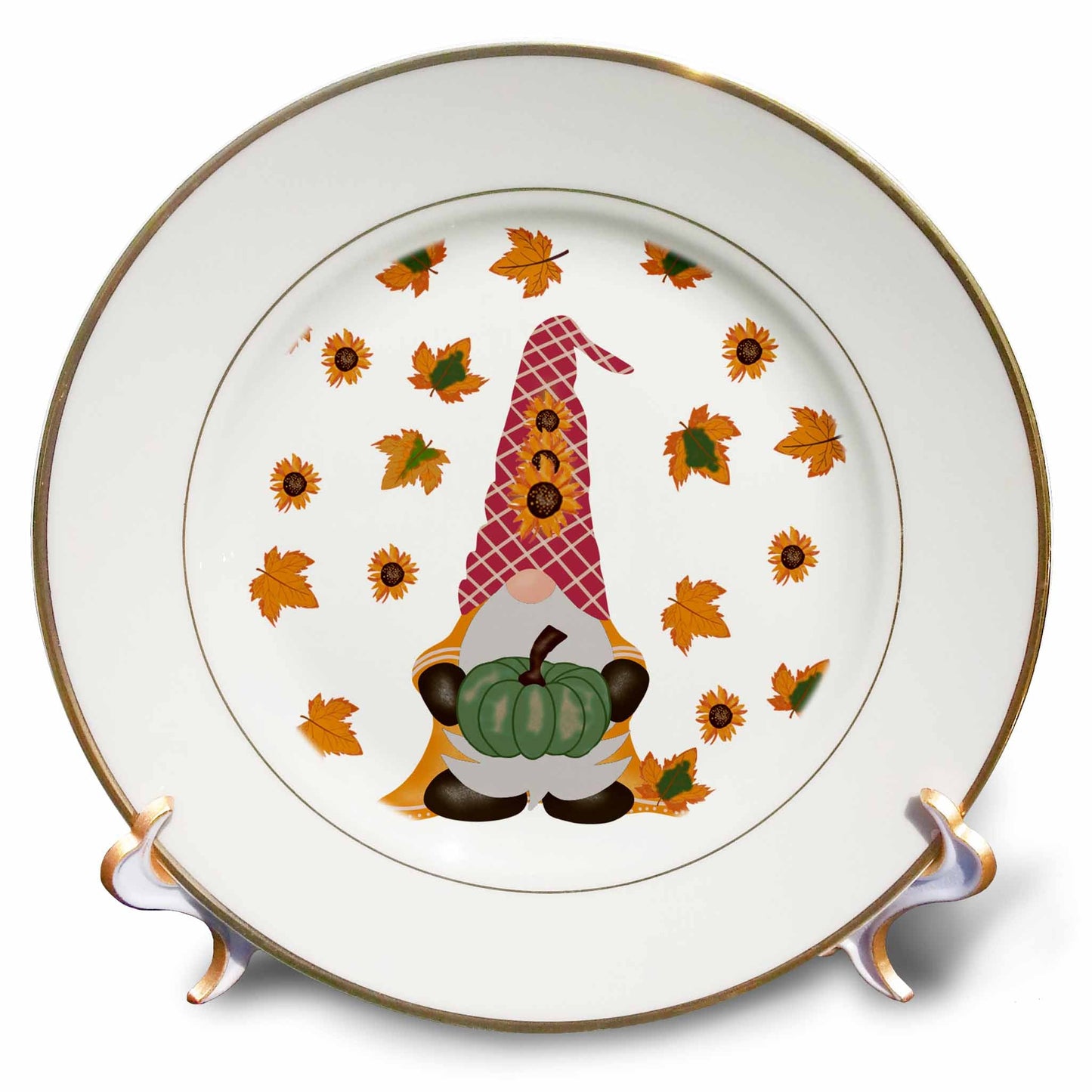 3dRose Autumn Gnome Pumpkin Sunflowers Fall Leaves - Plates (cp-371180)