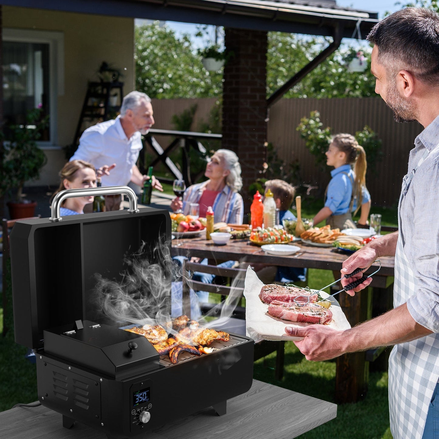 Outdoor Portable Tabletop Pellet Grill and Smoker with Digital Control System for BBQ