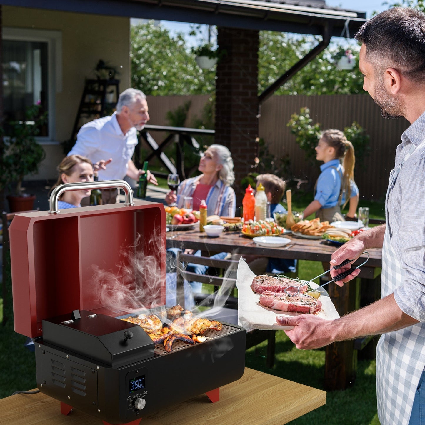 Outdoor Portable Tabletop Pellet Grill and Smoker with Digital Control System for BBQ