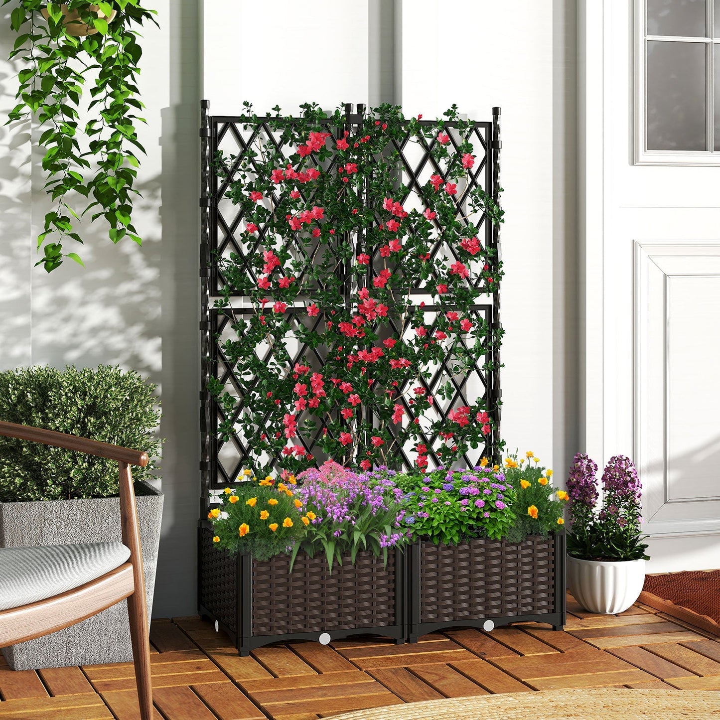 Raised Garden Bed with Lattice Trellis Drainage Self-Watering Elevated Vertical Planter Boxes-Black