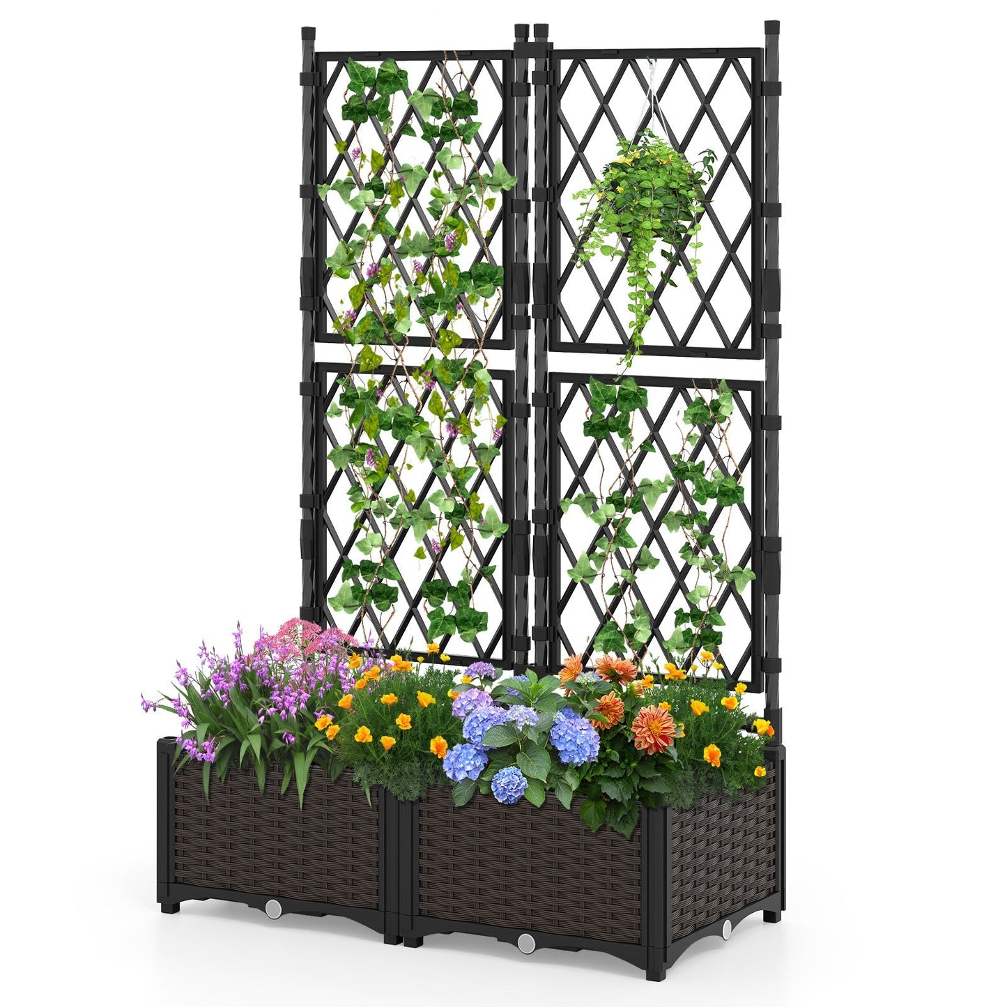 Raised Garden Bed with Lattice Trellis Drainage Self-Watering Elevated Vertical Planter Boxes-Black