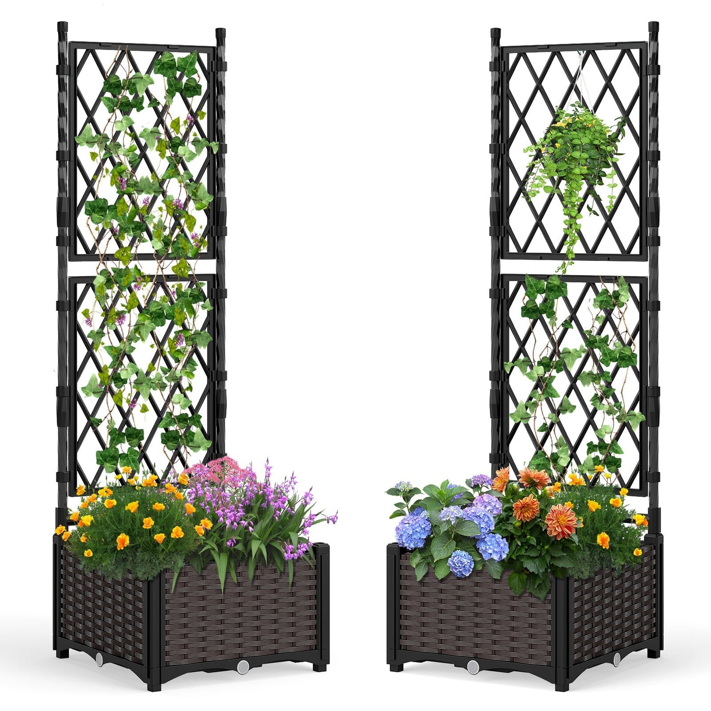Raised Garden Bed with Lattice Trellis Drainage Self-Watering Elevated Vertical Planter Boxes-Black