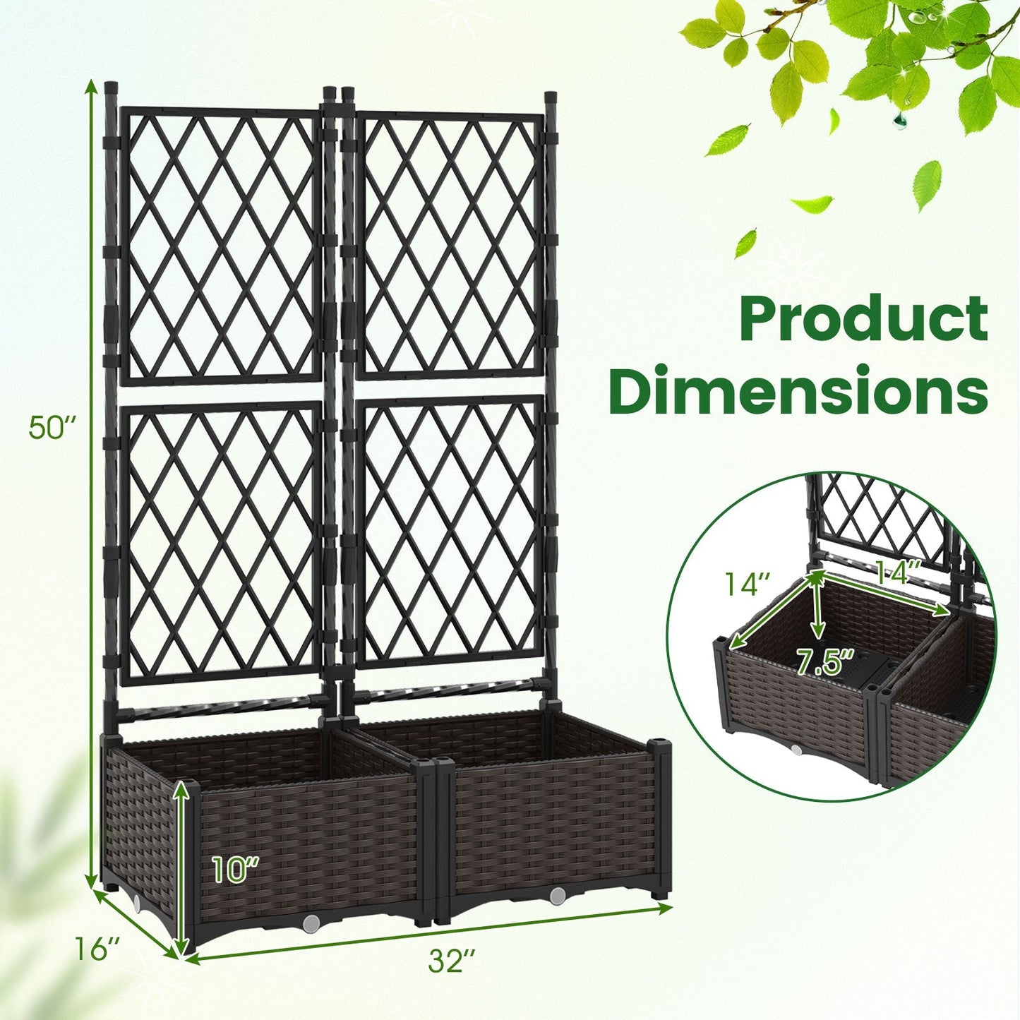 Raised Garden Bed with Lattice Trellis Drainage Self-Watering Elevated Vertical Planter Boxes-Black