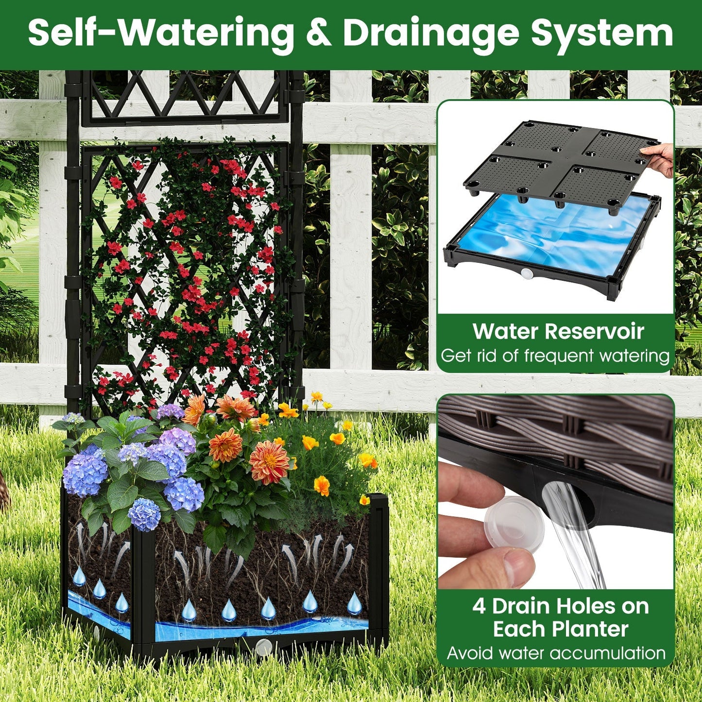 Raised Garden Bed with Lattice Trellis Drainage Self-Watering Elevated Vertical Planter Boxes-Black