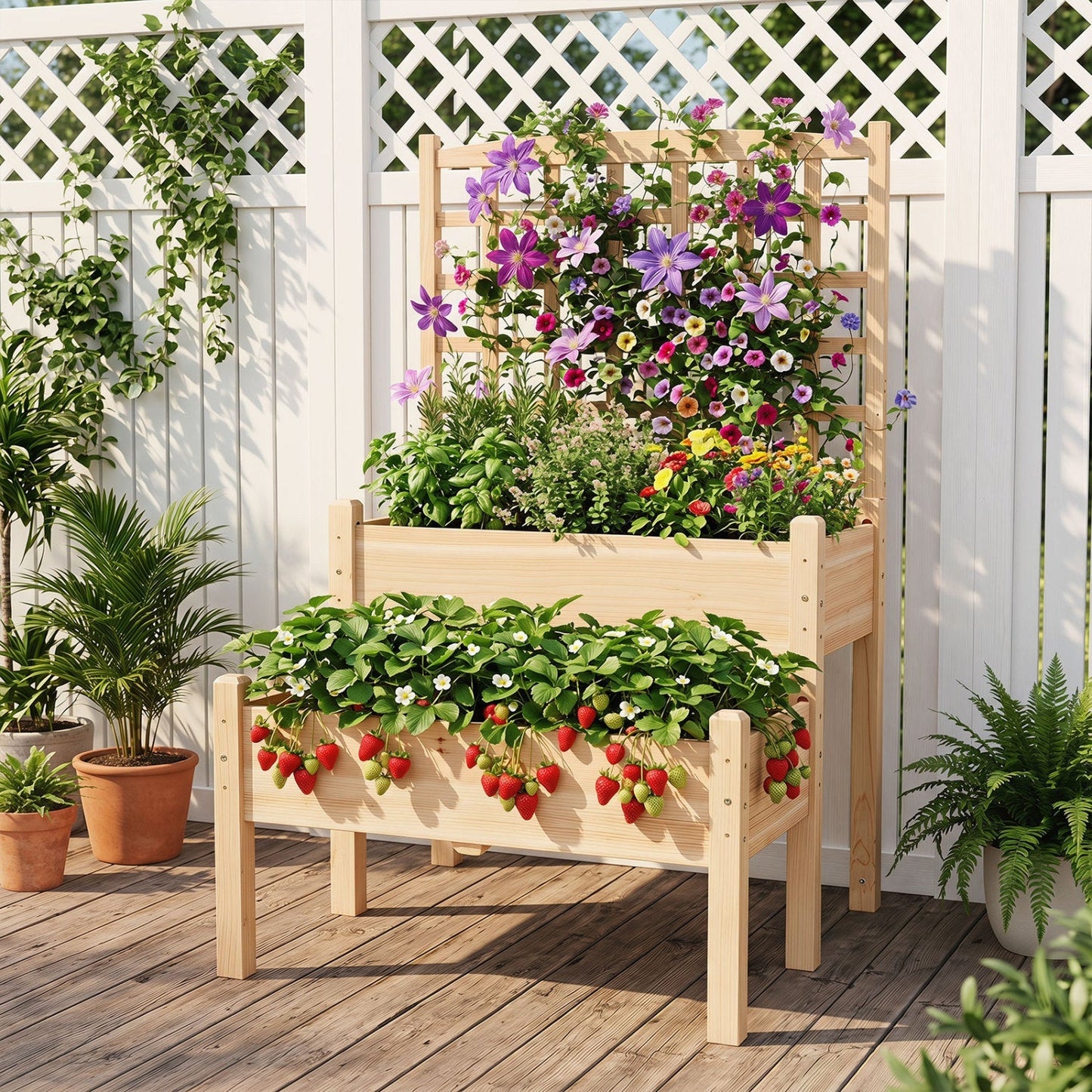 2-Tier Raised Garden Bed with Trellis for Climbing Plants