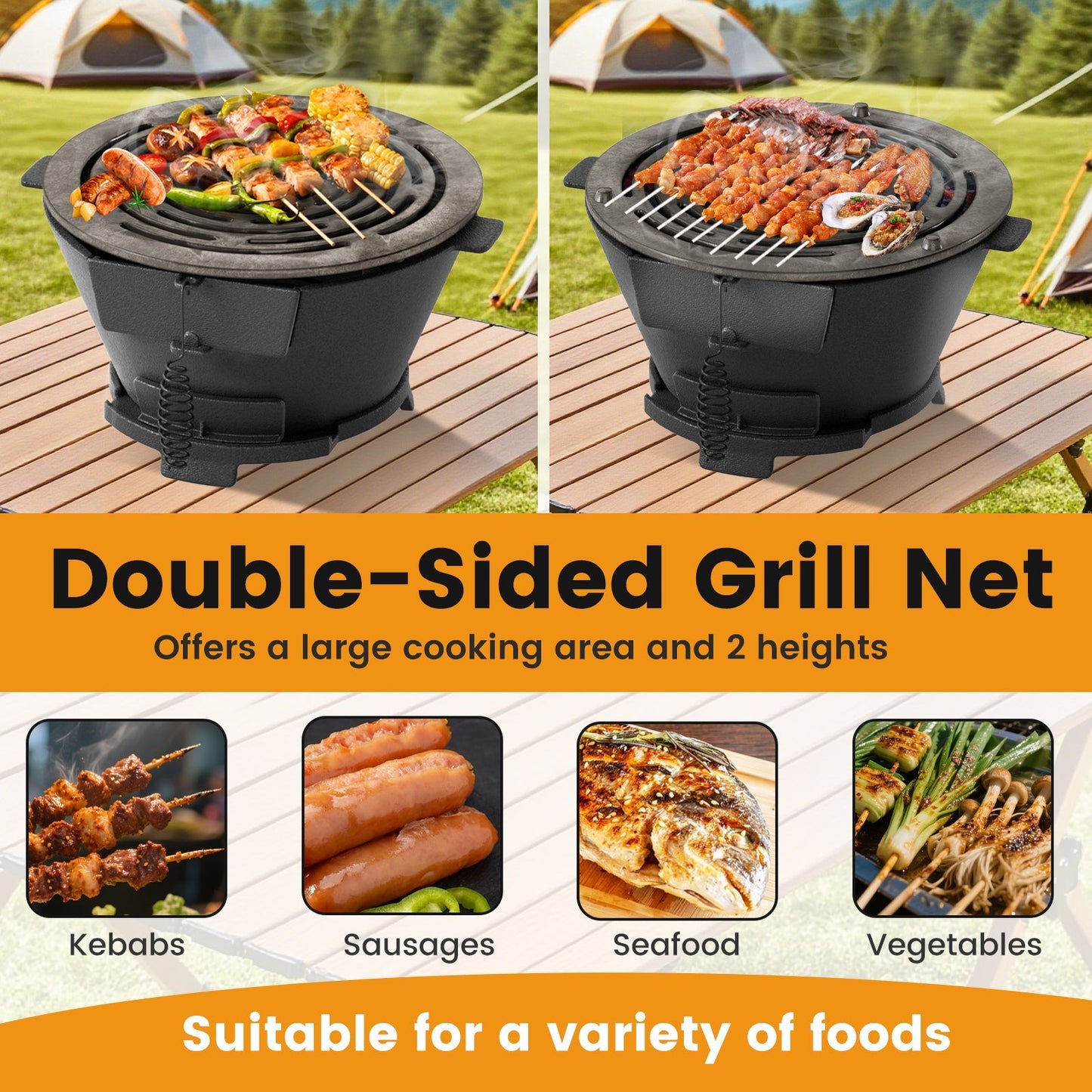 Round Hibachi Grill Outdoor Portable Charcoal Stove with 12 Inch Double-Sided Grate-Black