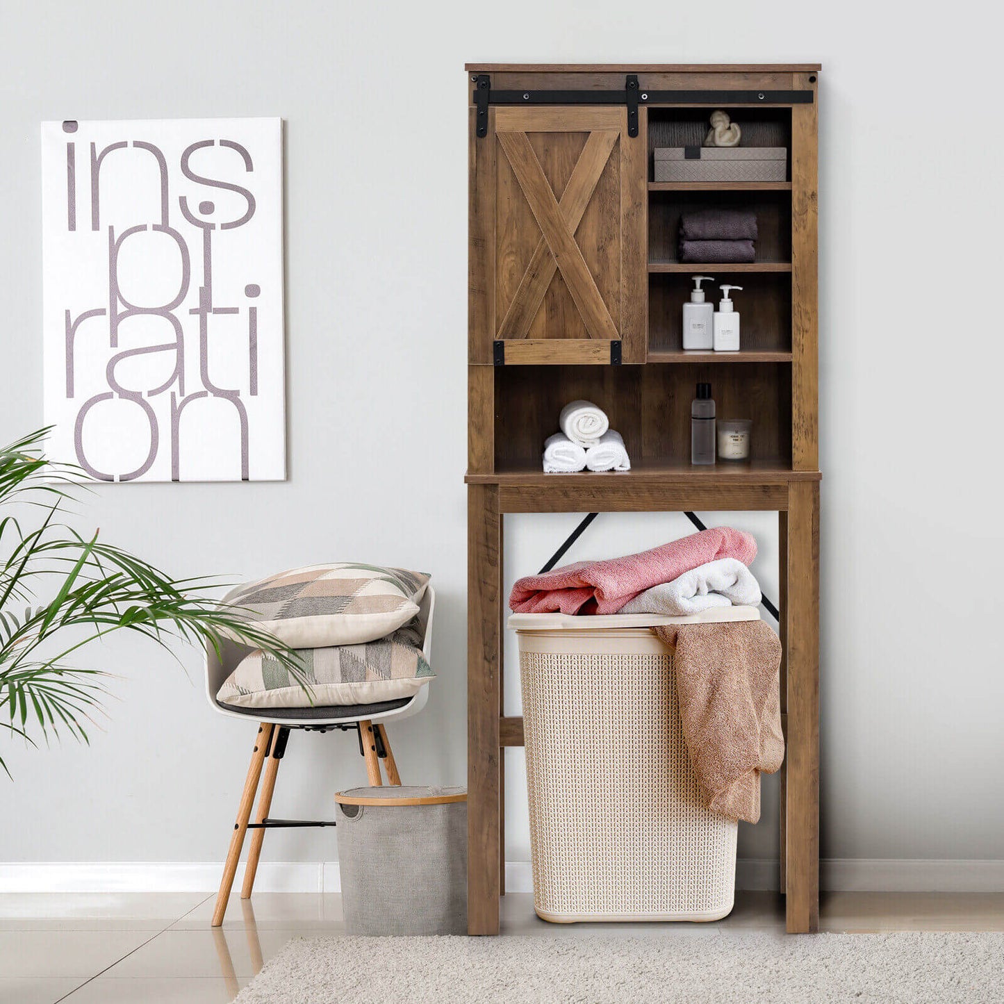 Wooden Bathroom Storage Cabinet with Sliding Barn Door and 3-level Adjustable Shelves-Rustic Brown