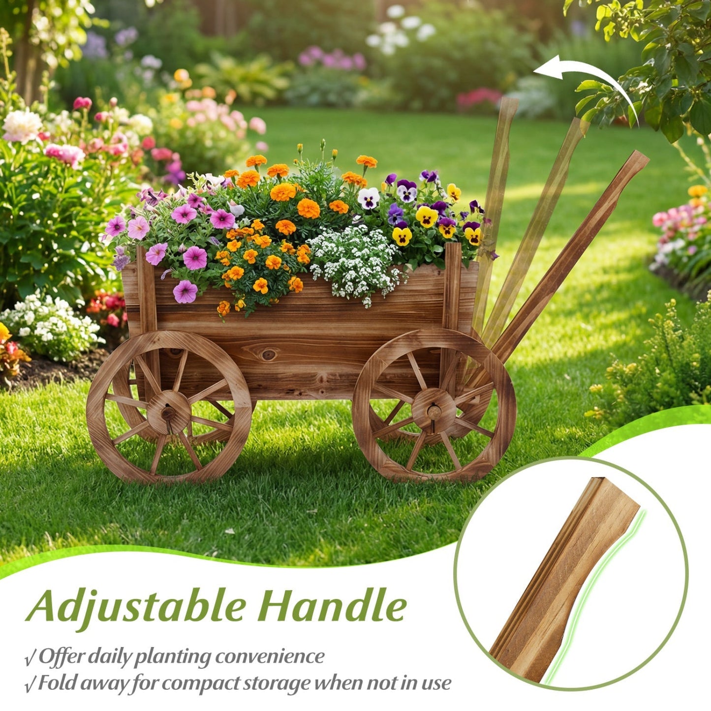 Rustic Rolling Flower Pot Stand with Wheels and Handle-Coffee