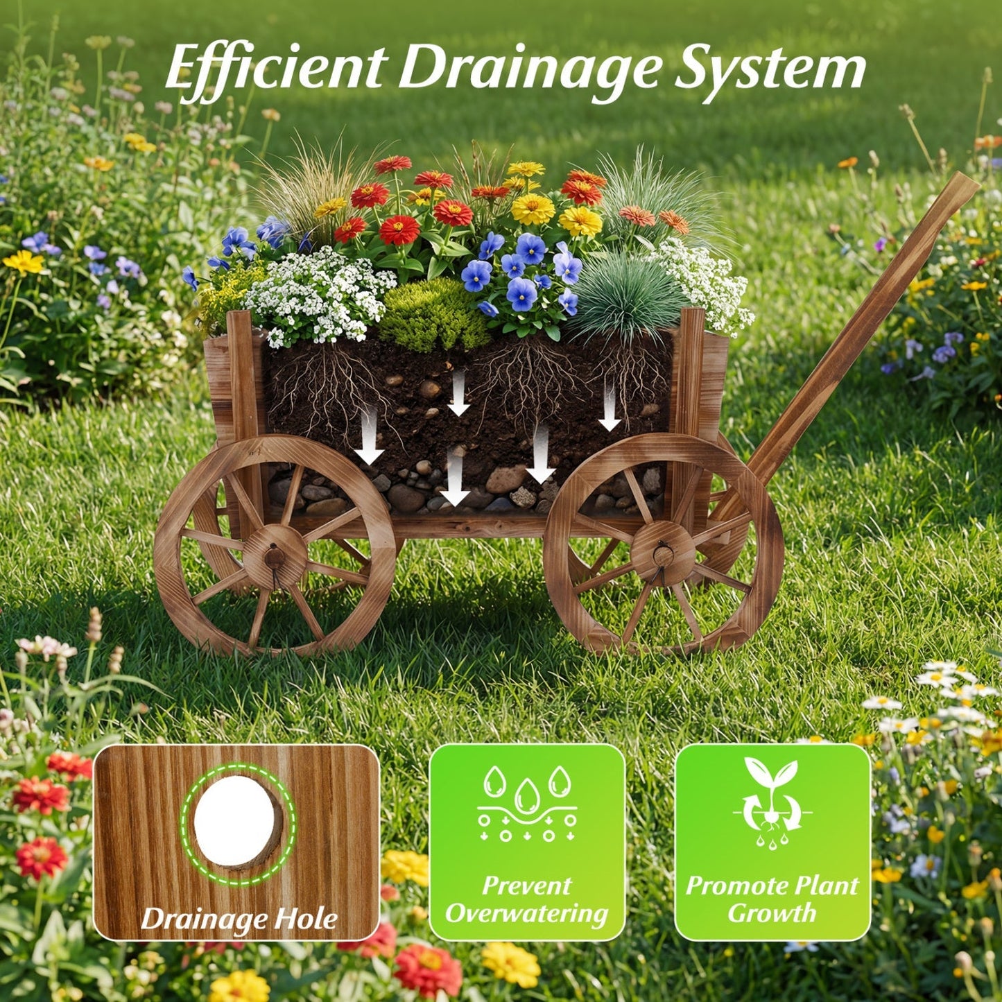 Rustic Rolling Flower Pot Stand with Wheels and Handle-Coffee