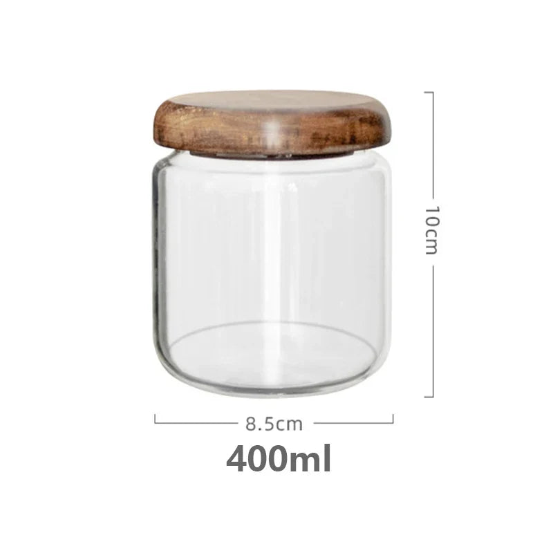 KEMORELA Transparent Food Storage Container Jar Acacia Wood Round Tea Jar Dried Fruit Snacks Kitchen Glass Sealed Storage Jar