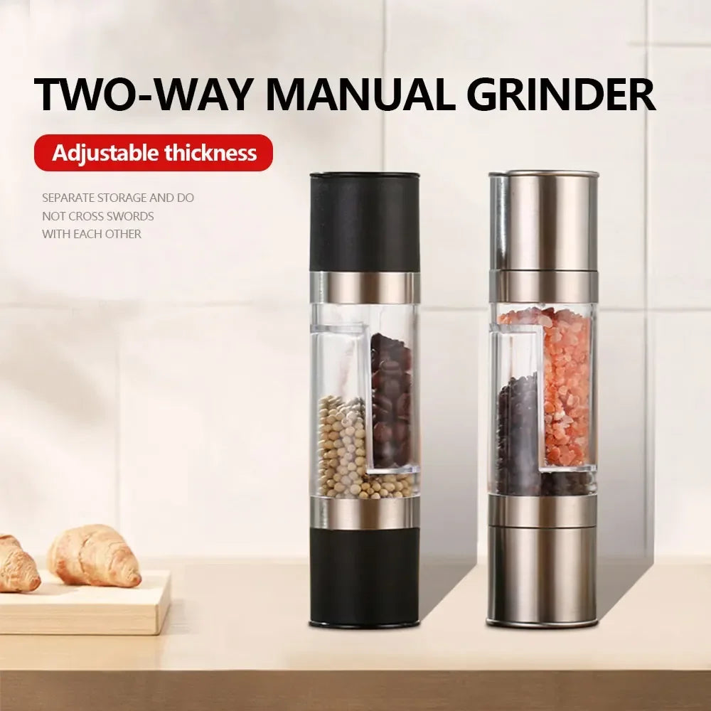 Manual Stainless Steel Salt and Pepper Grinder, Adjustable Ceramic Grinding Spice Mill, Kitchen Tool, 2 in 1