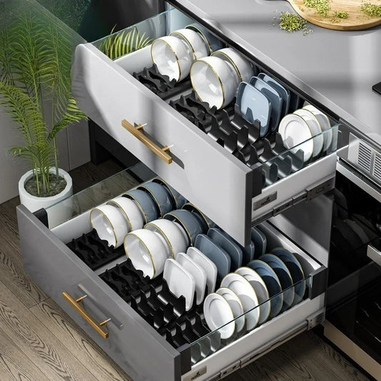 Kitchen Bowls Dish Storage Rack Adjustable Buckle Cabinet Drawer Storage Holder Dish Drain Rack Kitchen Drainage Storage Tools