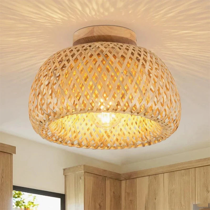 Bamboo Hand Weaving Ceiling Lights 30cm Hanging LED Ceiling Lamp Chandelier Fixture Rattan Hand Craft Woven Home Bedroom Decor