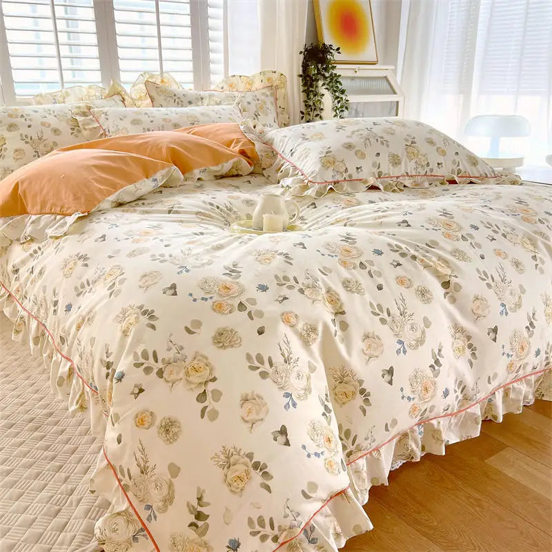 Bonenjoy Pink Color Duvet Cover with Ruffles 100%Cotton Flower Printed housse de couette for Girls Pure Cotton Bed Cover King