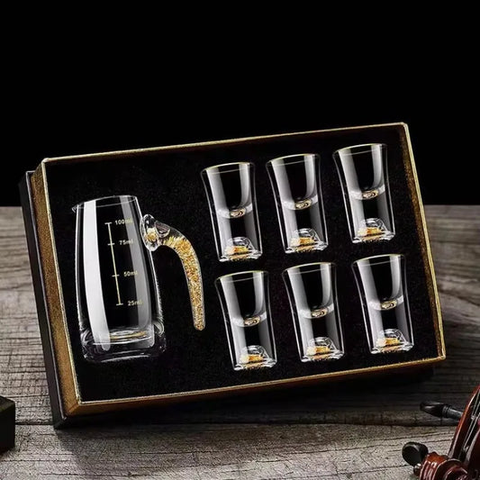 7pcs/set Gold Foil Small Wine Cup Bai Jiu Dispenser Small Household Wine Cup Glass Crystal Wine Set Spirits Cup
