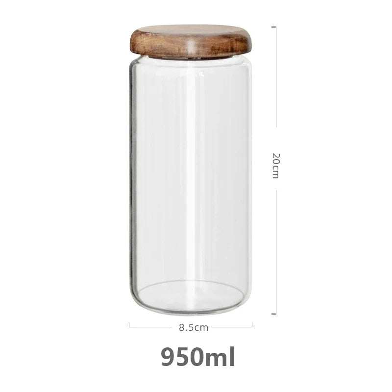 KEMORELA Transparent Food Storage Container Jar Acacia Wood Round Tea Jar Dried Fruit Snacks Kitchen Glass Sealed Storage Jar