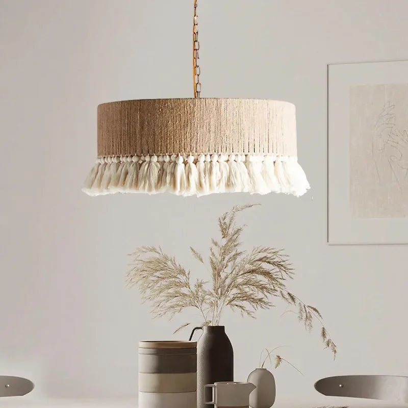 Bohemian Vintage Hemp Rope Pendant light E27 Tassel Cage Chandelier with Dining Room Kitchen Island Farmhouse Rest hanging light