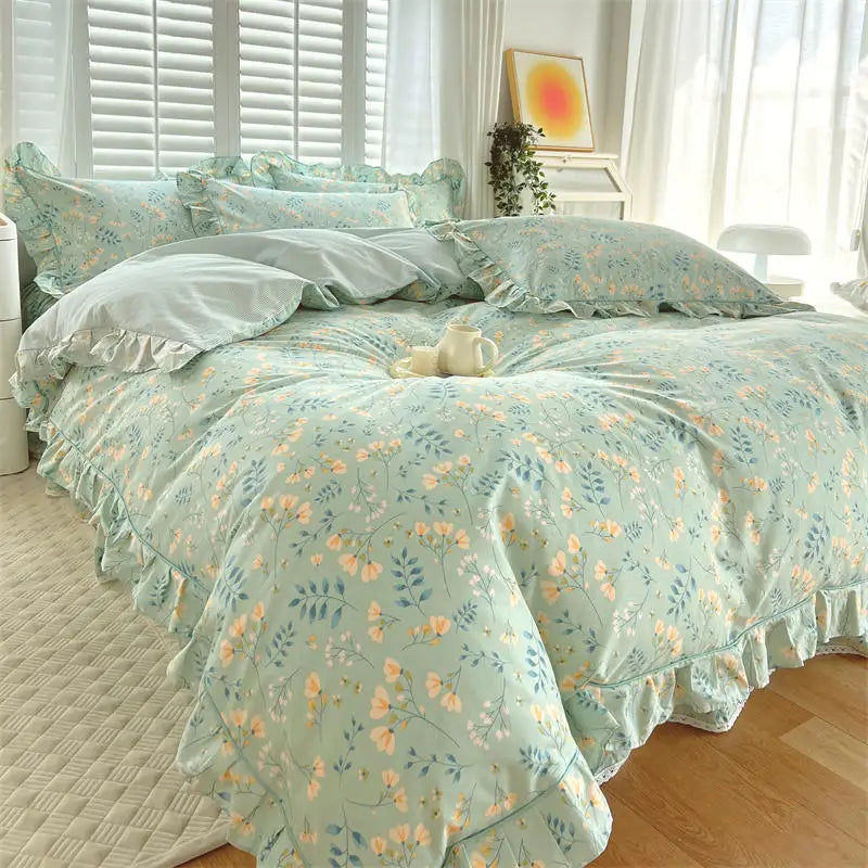 Bonenjoy Pink Color Duvet Cover with Ruffles 100%Cotton Flower Printed housse de couette for Girls Pure Cotton Bed Cover King