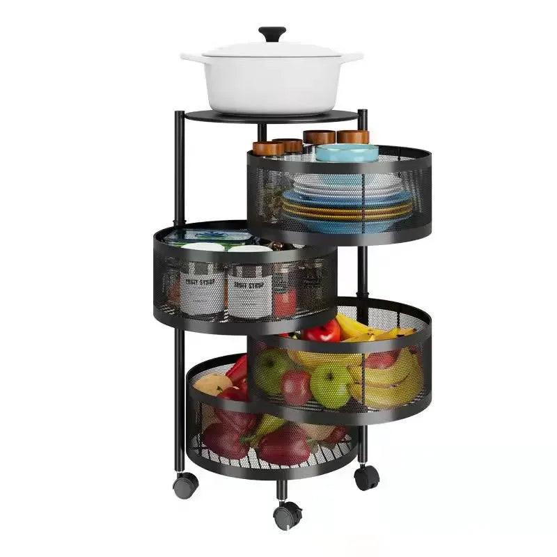 Kitchen Organizer Trolley Cart Rolling Foldable Portable Storage Multi Tier Round Fruit Vegetable Shelf No Assembly Furniture