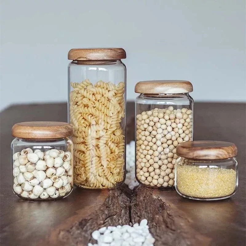 KEMORELA Transparent Food Storage Container Jar Acacia Wood Round Tea Jar Dried Fruit Snacks Kitchen Glass Sealed Storage Jar