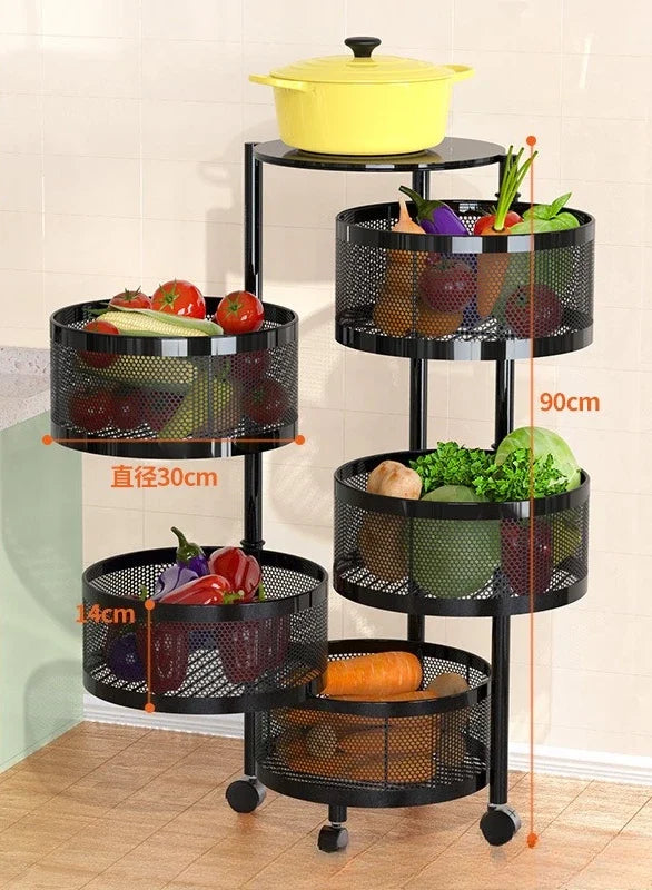 Kitchen Organizer Trolley Cart Rolling Foldable Portable Storage Multi Tier Round Fruit Vegetable Shelf No Assembly Furniture