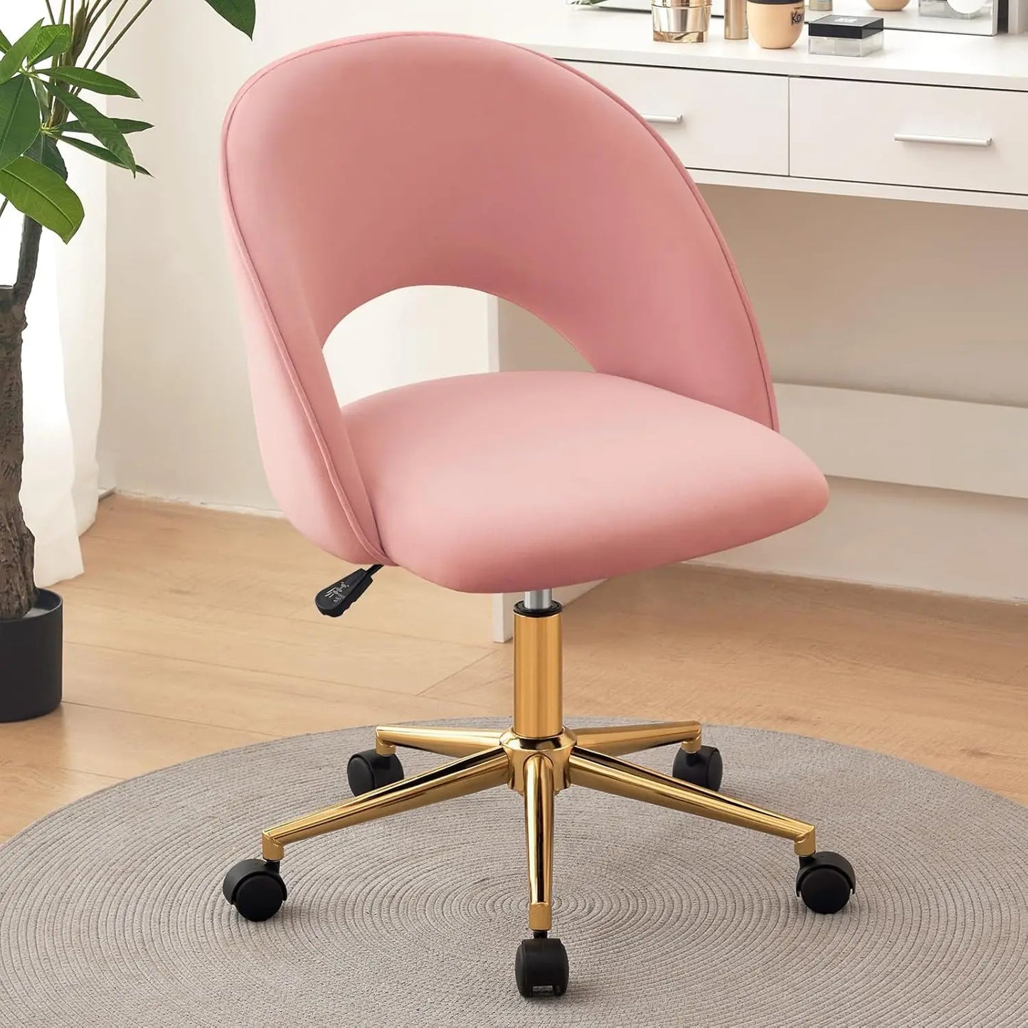 Vanity Chair with Back, Cute Office Desk Chair with Wheels for Girls, Upholstered Armless Accent Chair with Gold Metal Height