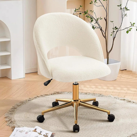 Vanity Chair with Back, Cute Office Desk Chair with Wheels for Girls, Upholstered Armless Accent Chair with Gold Metal Height