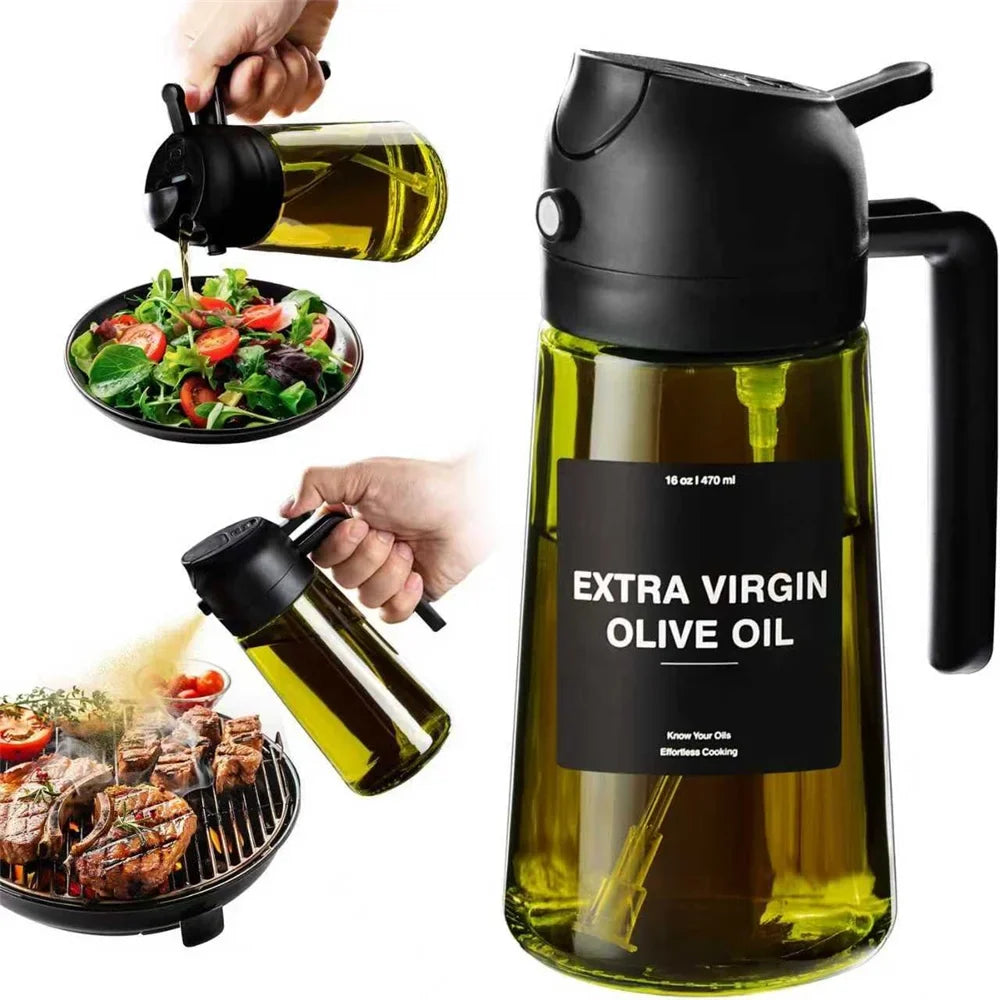 Olive Oil Dispenser,Sprayer for Cooking 2 in 1- Spray and Pour,Dark Green Glass Oil Bottlewith Stickers,16oz/470ml Oil Sprayer