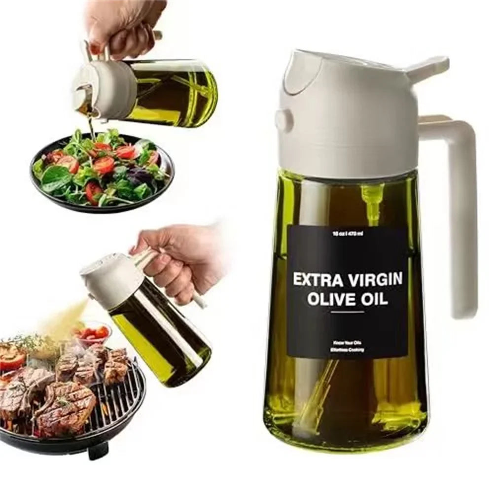 Olive Oil Dispenser,Sprayer for Cooking 2 in 1- Spray and Pour,Dark Green Glass Oil Bottlewith Stickers,16oz/470ml Oil Sprayer