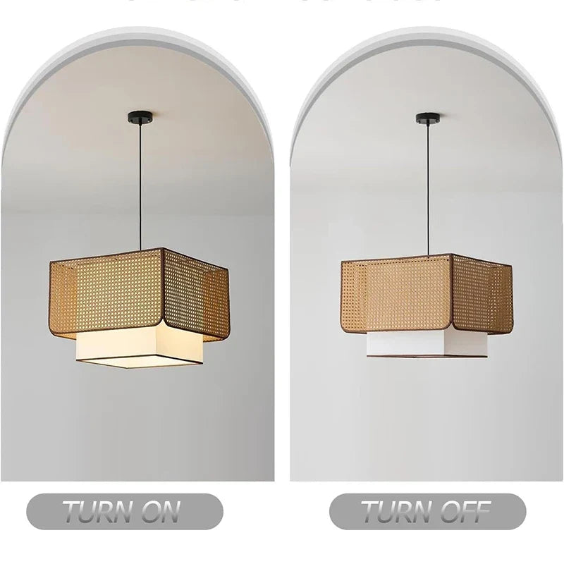 Rustic Retro Rattan Restaurant pandent light Wabi Sabi E27 Led square Chandelier Coffee Table Dining Table Decor Fixtures