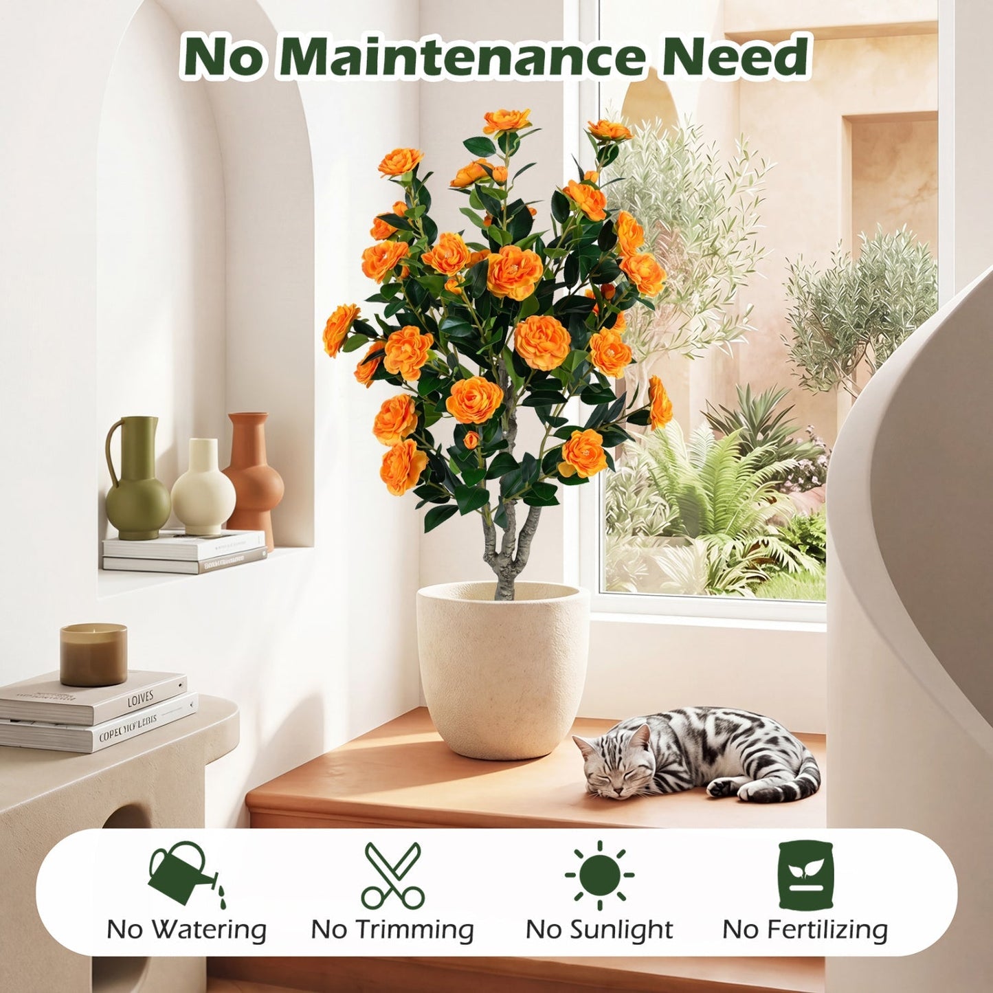 Artificial Camellia Tree 39.5" with Cement Pot - Set of 2