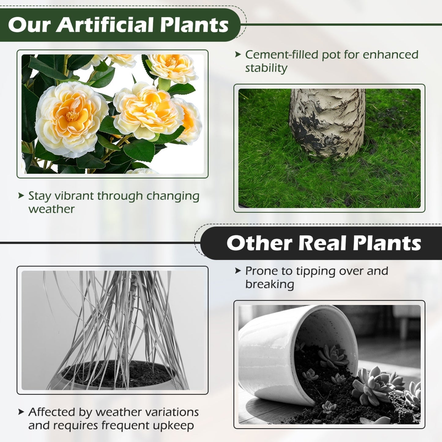 Artificial Camellia Tree 39.5" with Cement Pot - Set of 2