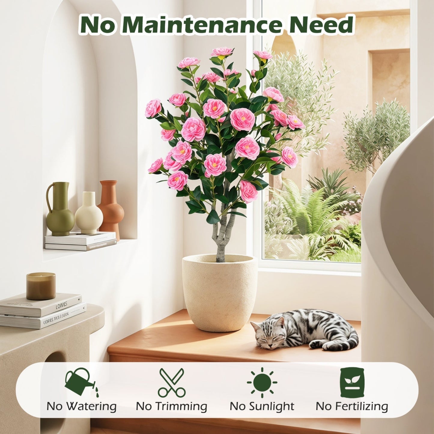 Artificial Camellia Tree 39.5" with Cement Pot - Set of 2