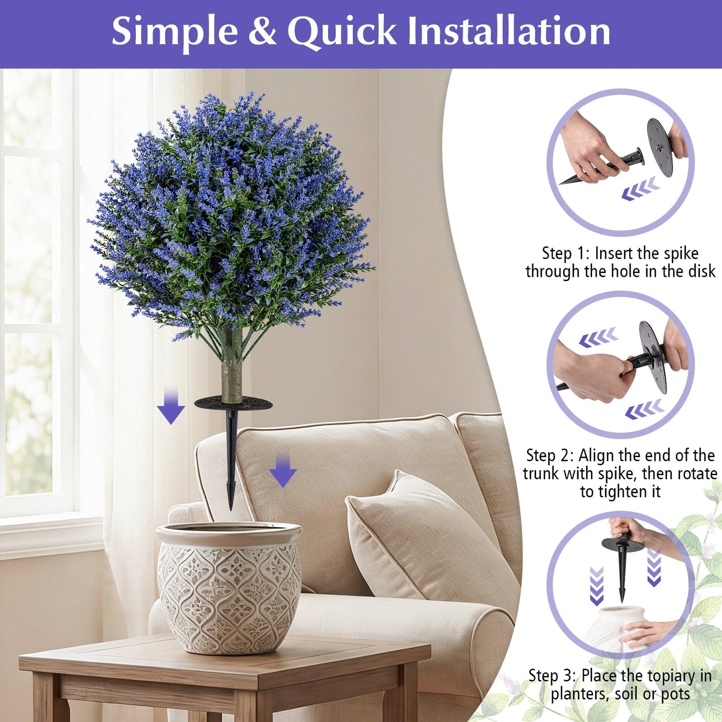 Set of 2 Artificial Lavender Topiary Ball Trees with Ground Spikes