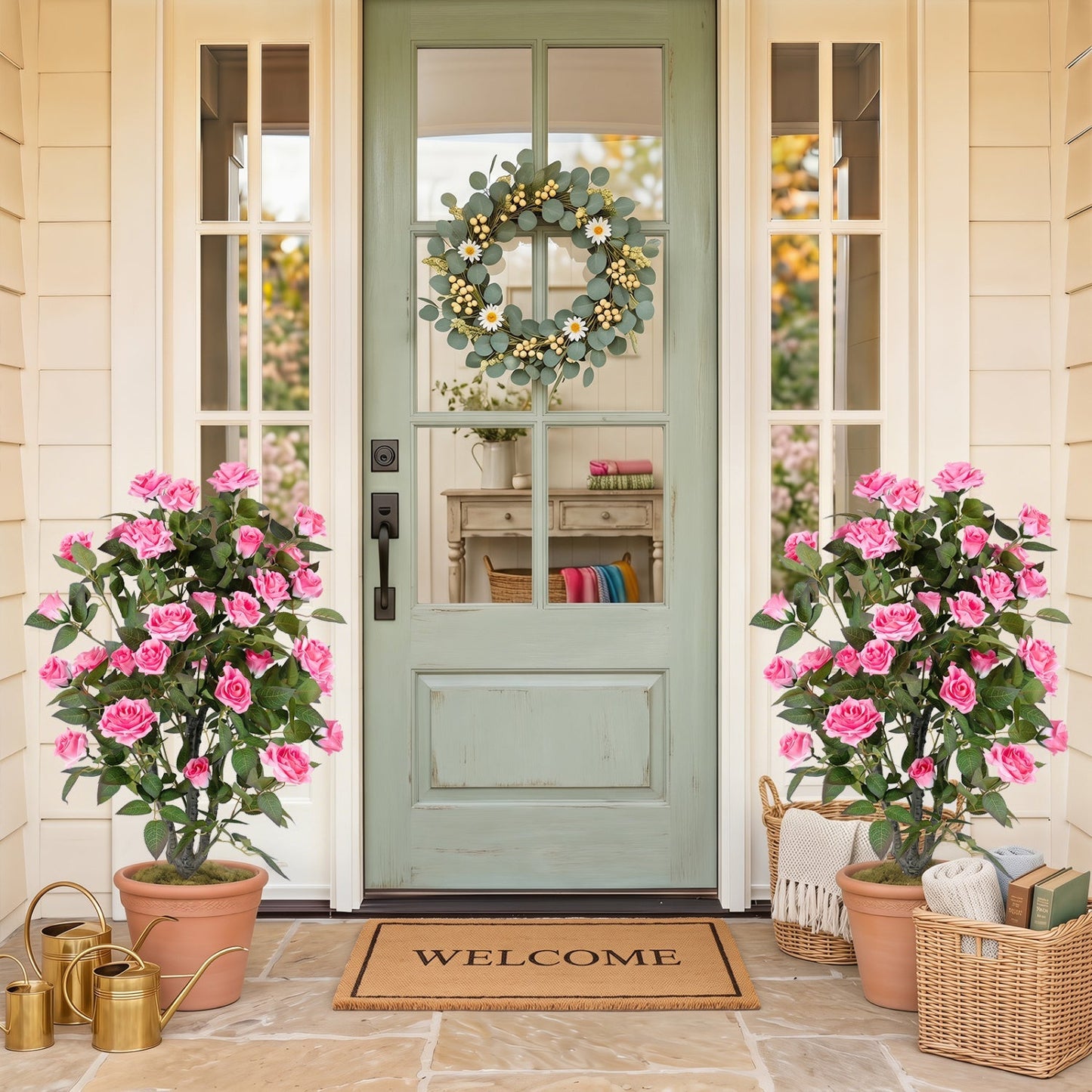 Artificial Rose Tree with Blooming Flowers - Set of 2